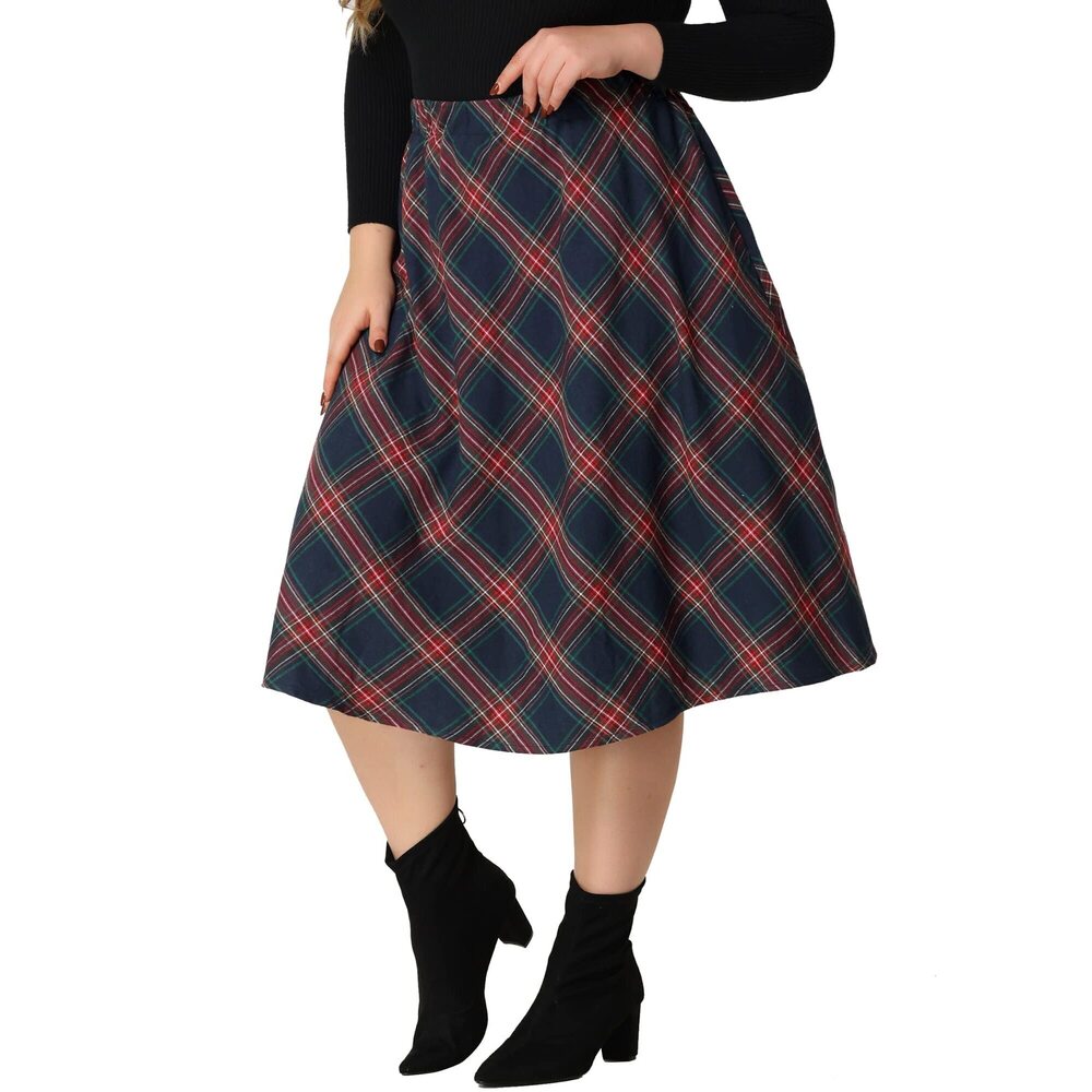 2374 Plus Size Skirts A Line Knee Length Plaid Print Flare Skirt 3X Red